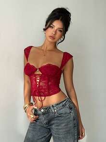 Aloruh 红色蕾丝上衣 红色网纱上衣 红色束身衣 红色上衣 女士性感可爱红色上衣 红色系带上衣 蕾丝上衣 红色露脐上衣 女士束身衣 女士上衣 女士夏季上衣 红色蕾丝束身衣 女士性感上衣 - 紅色 - 查看 8
