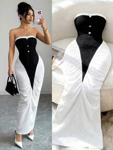 Elenzga Spring/Summer New Backless Tube Pearl Button Design Splicing Contrast Color Pleated Waist Bodycon Casual Sexy Elegant Lady Dress - Black and White - View 1