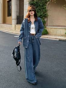 DAZY Conjunto casual de dos piezas de mujer con parches de color contrastante y denim lavado - Azul - Ver 5