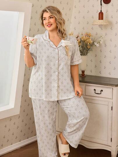 SHEIN 大码碎花荷叶边领短袖睡衣套装