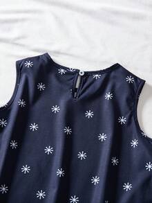SHEIN Tween Girl Floral Print Round Neck Tank Top And Wide Leg Pants Casual Outfit - Navy Blue - View 6