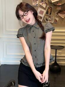 DAZY Women's Plaid Casual Short Sleeve Korean Style Blouse Summer - Black - View 5