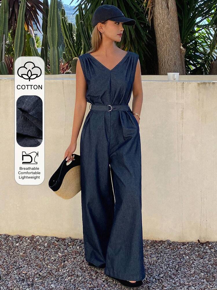 Women's V-Neck Belt Decor Sleeveless Casual Denim Jumpsuit