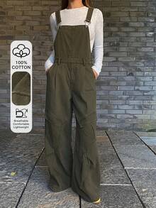 DAZY 女士宽松工装裤，休闲牛仔背带裤，街头风连体裤 - 軍綠色 - 查看 1