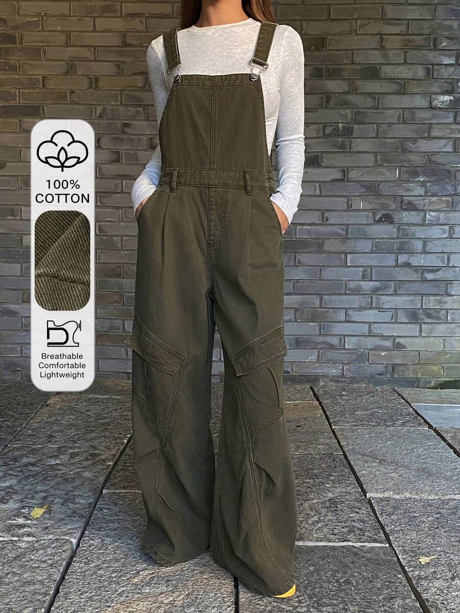 DAZY 女士宽松工装裤，休闲牛仔背带裤，街头风连体裤 - 軍綠色 - 查看 1
