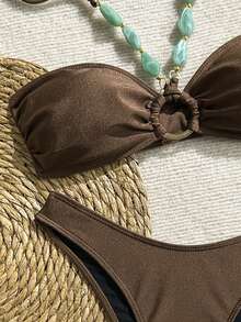 Swim Chiccia Solid Color Wireless Decor Halter Crop Top And Swim Shorts Women 2-Piece Swimwear Set, Spring/Summer Beach Holiday Bikini Set Strapless Brown Bathing Suit Women - Brown - View 5