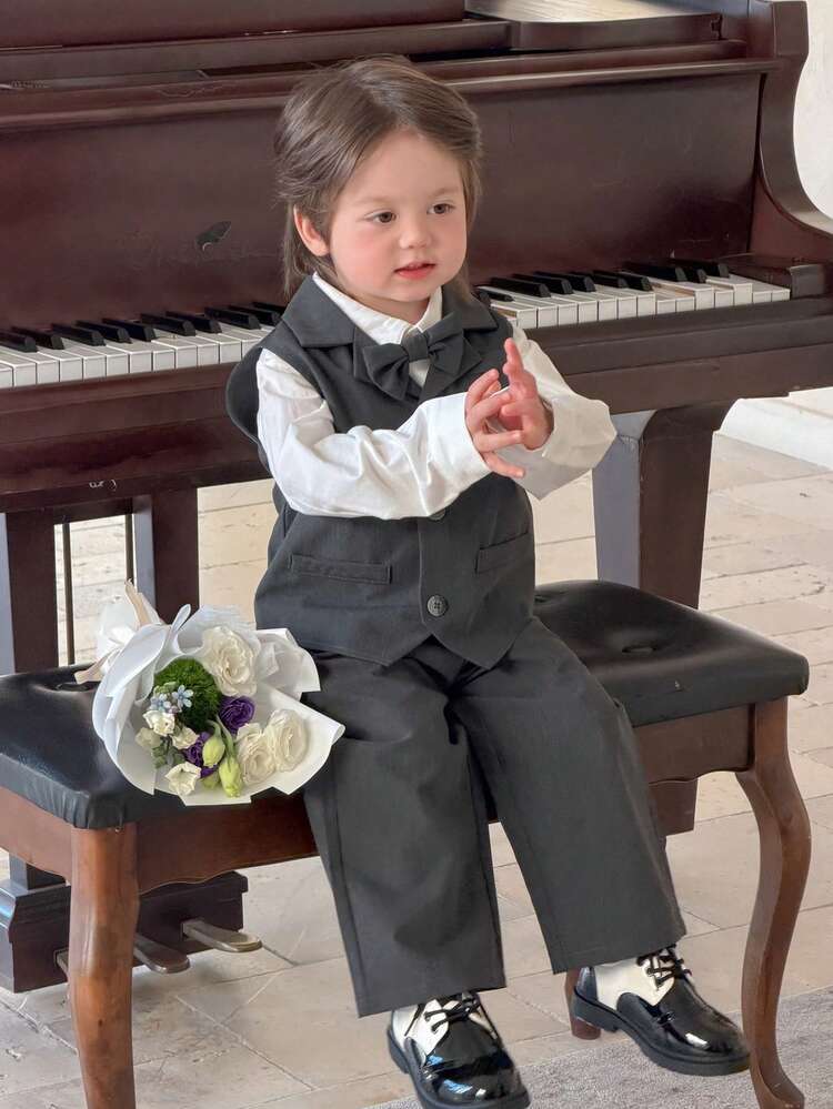 Toddler Boys' Solid Color Long Sleeve Shirt + Korean Style Vest + Casual Pants, Bow Tie, Formal Suit, Versatile