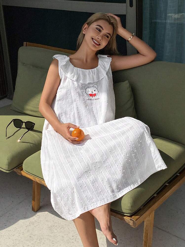 Lace Trim Sleeveless Cute Bear & English Letter Print Long Dress, Women Nightgown