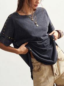 Bohemela 大码女式圆领铆钉装饰休闲百搭日常短袖T恤 - 黑色 - 查看 4