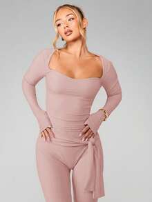 MISSGUIDED Ribbad långärmad bodycon-midiklänning med fyrkantig halsringning och knytband i sidan för kvinnor - Rosa - Visa 6