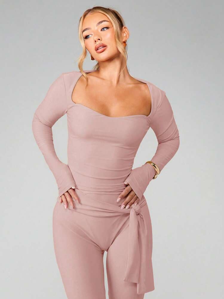 MISSGUIDED Ribbed Long Sleeve Bodycon Midi Dress With Square Neckline And Side Tie Detail For Women