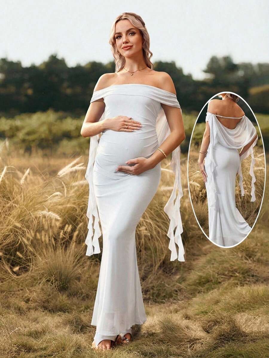 Cheriluna Maternity 纯色露肩露背长款孕妇连衣裙，适合迎婴派对、圣诞派对、优雅聚会等场合。 - 白色 - 查看 1
