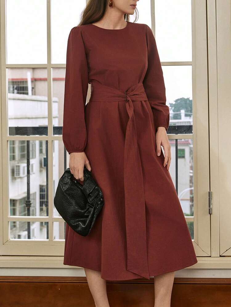 Women's Elegant Front Tie Lantern Sleeve Long Dress, Autumn Business Casual Woman Sundress