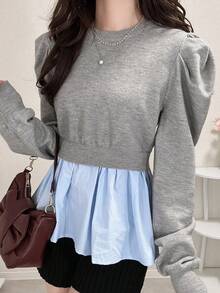 FRIFUL 女士圆领泡泡袖修身下摆拼接梭织毛衣，甜美 - 灰色 - 查看 5