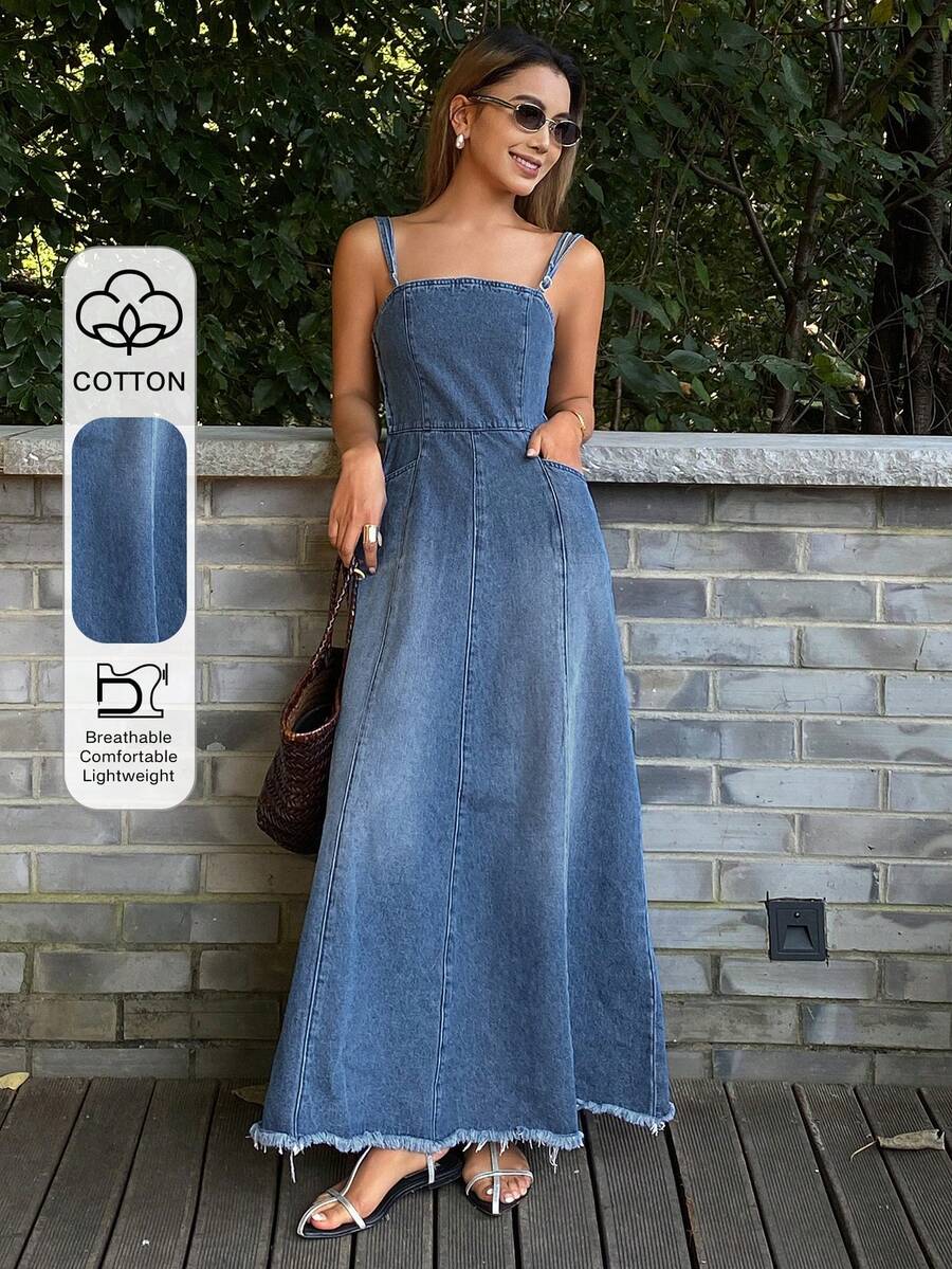 DAZY Women's Frayed Hem Long Casual Elegant Denim Dress - Medium Wash - View 1