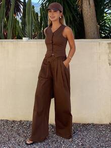 DAZY Women's V-Neck Sleeveless Denim Vest And Straight Leg Jeans Casual Denim Suit - Brown - View 2