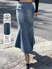 DAZY 女士牛仔美人鱼半身裙，镂空设计，优雅Y2K风格 - 中等水洗藍 - 查看 1