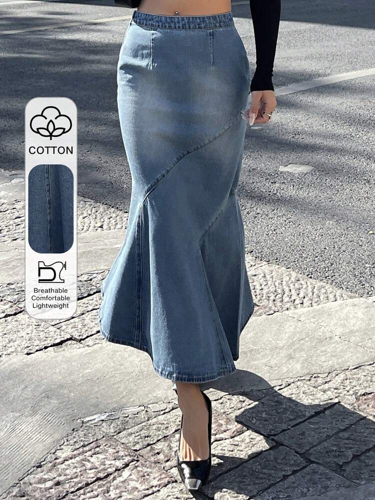 Women's Denim Mermaid Skirt With Cutout Design, Elegant Y2k