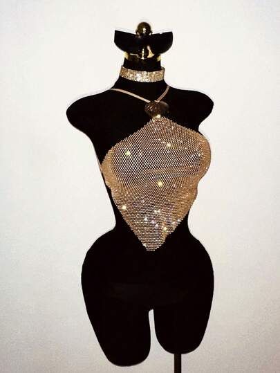 SHEIN DivaQ Damska koszulka na ramiączkach typu spaghetti z odkrytymi plecami, przezroczysta siateczka, materiał z kryształkami, brokatowa, odpowiednia do baru, na imprezę, festiwal muzyczny