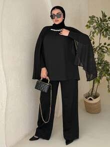 Dazy Plus Pearl Decor Chiffon Long Sleeve Black Blouse For Party - Black - View 2