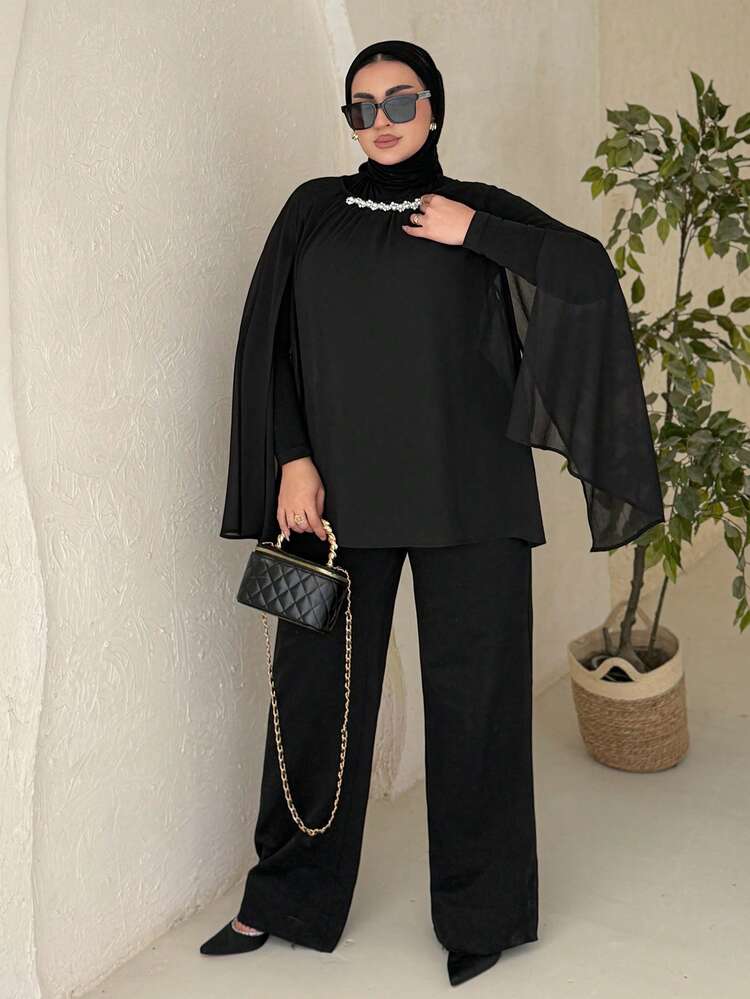 Dazy Plus Pearl Decor Chiffon Long Sleeve Black Blouse For Party