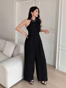 DAZY 女士优雅无袖撞色蕾丝吊带连体裤，搭配阔腿裤，适合春秋季穿着 - 黑色 - 查看 6