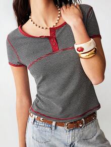 Bohemela Casual Knit Partial Zip-Up Short Sleeve Fitted Women T-Shirt - Grey - View 2