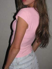 SHEIN SXY Women's Lace Panel V-Neck Puff Sleeve Fitted Casual T-Shirt - Pink - View 5