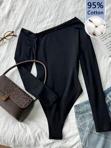 Tseoso 95% 纯棉黑色修身单肩长袖连体衣，秋冬完美之选。性感百搭，基本款，适合所有季节；复古、柔美女孩、居家、返校、秋季衣橱；简约、时尚；舒适、别致。 - 彩色 - 查看 1