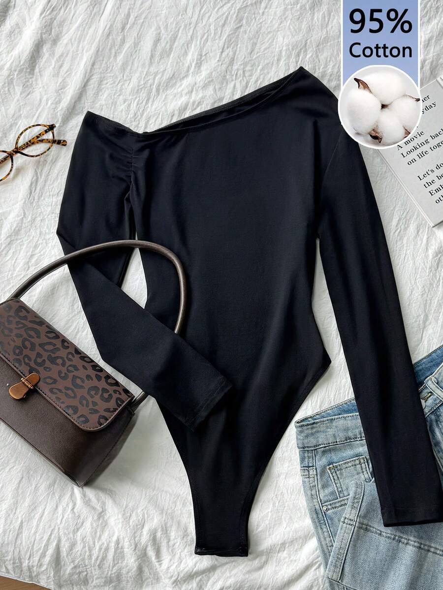 Tseoso 95% 纯棉黑色修身单肩长袖连体衣，秋冬完美之选。性感百搭，基本款，适合所有季节；复古、柔美女孩、居家、返校、秋季衣橱；简约、时尚；舒适、别致。 - 彩色 - 查看 1