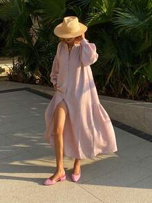 DAZY Midiklänning med puffärmar för kvinnor, avslappnad sommarklänning - Rosa - Visa 6