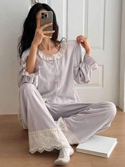 DAZY 春季甜美磨毛布蝴蝶结装饰刺绣荷叶边拼接女士睡衣套装