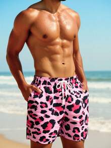 Manfinity Swimmode Men's Drawstring Waist Pockets All-Over Print Casual Beach Shorts - Pink - View 4