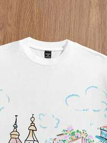 Manfinity Joysei 男士休闲涂鸦印花宽松短款T恤，春季 - 白色 - 查看 4