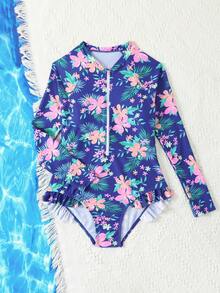2025 New Tween Girls One-Piece Swimsuit, Casual Leaf Print, Fashionable & Cute, Elegant & Refined, Suitable For Swimming & Vacation In Summer - Multicolor - View 4
