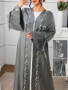 SHEIN Najma Lace Trim Patchwork Long Sleeve Flared Women's Abaya - Dark Grey - View 2