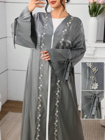 SHEIN Najma Lace Trim Patchwork Long Sleeve Flared Women's Abaya