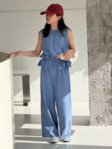 DAZY Tween Girl Casual Vacation Style Fashion Street Peplum Waist Sleeveless Denim Jumpsuit, Spring/Summer - Blue - View 3