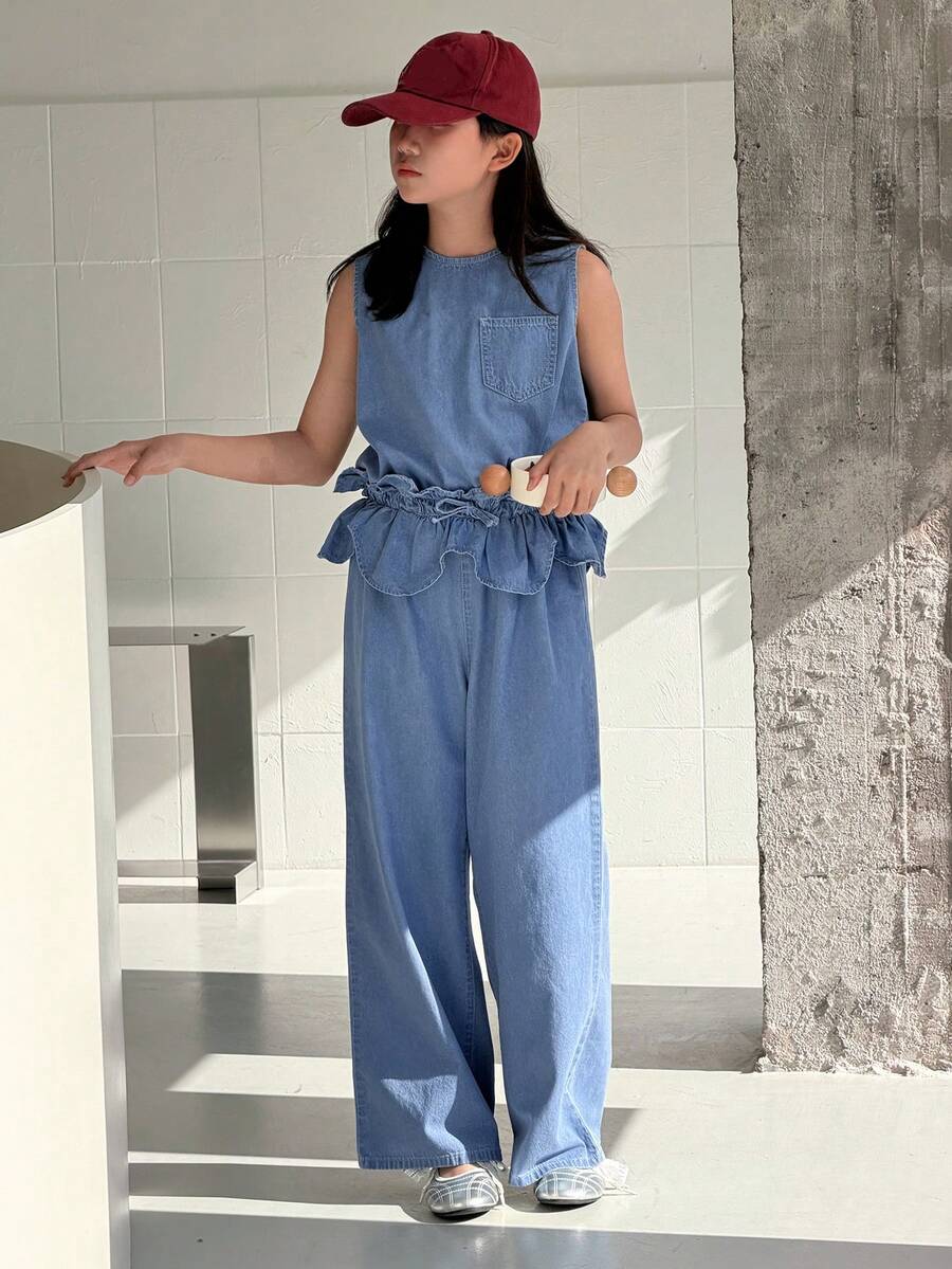 DAZY Tween Girl Casual Vacation Style Fashion Street Peplum Waist Sleeveless Denim Jumpsuit, Spring/Summer - Blue - View 1
