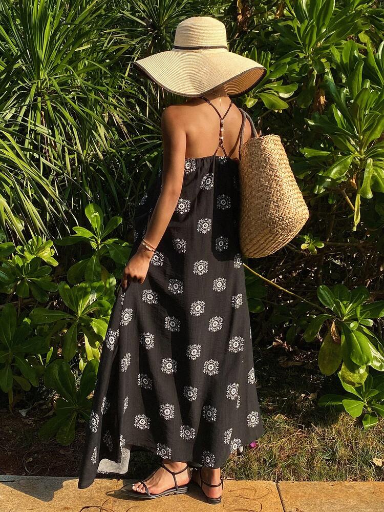 Floral Print Spaghetti Strap Backless Beaded Decor Casual Vacation Dress For Women, Spring/Summer Cruise Outfit For Women Maxi Dress Sundress Boho