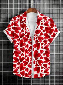 Manfinity Homme Áo sơ mi nam tay ngắn in hình trái tim, cài cúc phía trước, kiểu dáng thường ngày, thời trang. - trắng - Xem 3