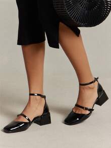 SHUZIA Women's Elegant Square Toe Block Heel Ankle Strap Pumps - Black - View 3