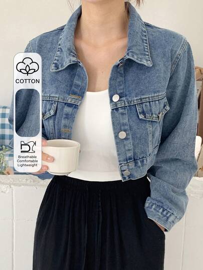 DAZY Chaqueta y abrigo de mezclilla de mujer de manga larga suelta con bolsillos duales, de estilo vintage y de una sola hilera