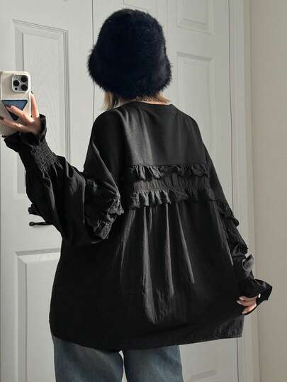 FRIFUL 女士圆领层叠荷叶边撞色蕾丝纯色卫衣