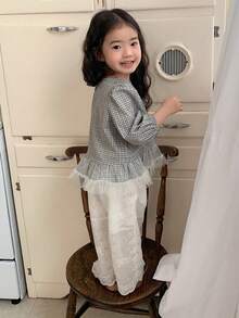 DAZY 女童格子拼接网纱长袖衬衫 - 灰色 - 查看 6