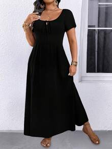 SHEIN Tall CURVE 大码女式方领系带A字休闲连衣裙 - 黑色 - 查看 6