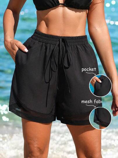 Swim SPRTY Women's Summer Beach Solid Color Contrast Mesh Tie Loose Casual Vacation Cover-Up & Sports Shorts