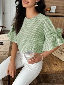 Elouméa 女士格子印花蝴蝶结装饰圆领衬衫 - 綠色 - 查看 3