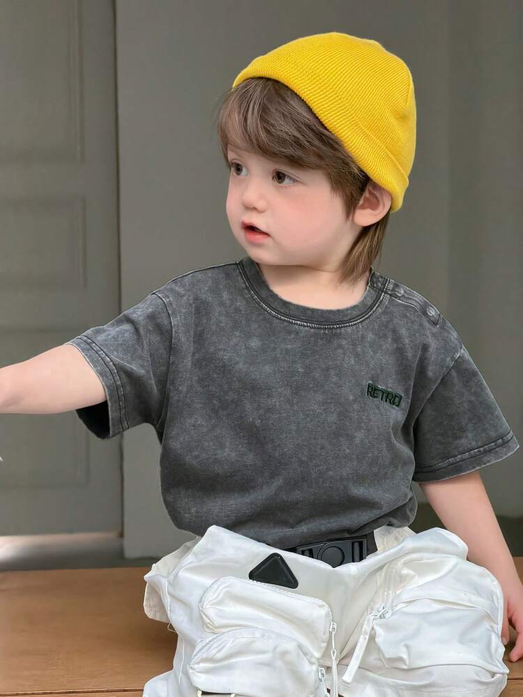 Toddler Boys' Round Neck Washed Korean Street Style Short Sleeve Top, Summer