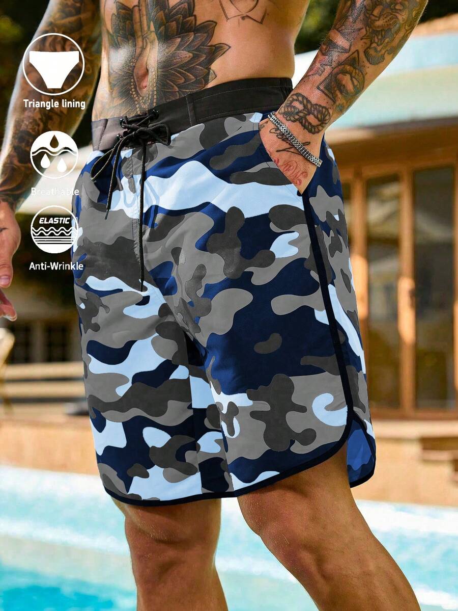Palasendo Men's Camouflage Print Slant Pocket Drawstring Waist Casual Vacation Beach Shorts - Multicolor - View 1